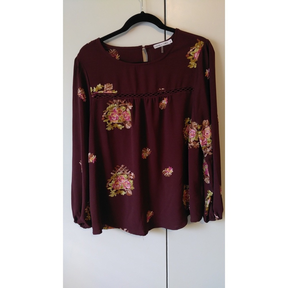 Womens Floral Embroidered Top Size M Burgundy Boho Feminine Dark Cottage Flowy